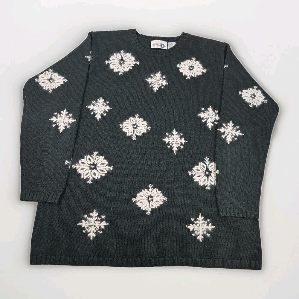 Vintage Beaded Embroidered Snowflake Knit Sweater Medium Holiday Winter